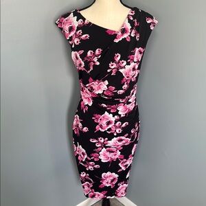 Connected Apparel Women’s Black/Pink Floral Midi Dress Sz 4
